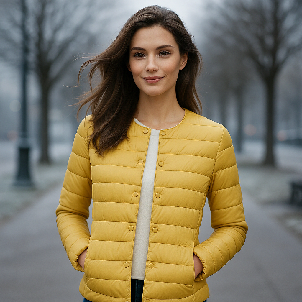 Model straalt in een zonnig geel gewatteerd damesjack buitenshuis