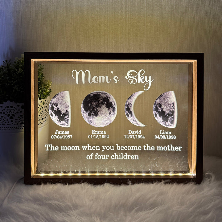 Persoonlijk maanfase kunstwerk voor moeder. Uniek cadeau met specifieke datum, perfect voor Moederdag of familie.