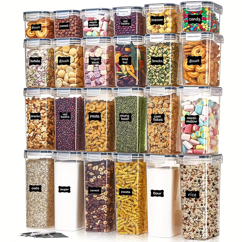 24-delige luchtdichte voedselopslagcontainers set voor een georganiseerde keuken en verse etenswaren. Transparant plastic.