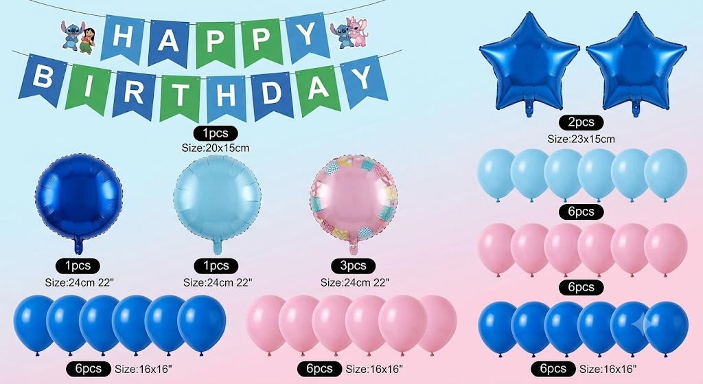 Inhoud van het feestpakket inclusief vlaggenlijn en verschillende ballonnen