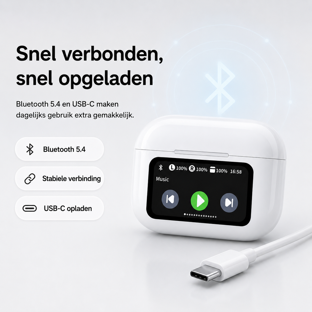 Zwarte draadloze oordopjes met handige oplaadcase en touchscreen