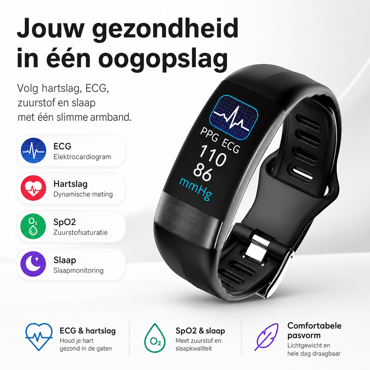 Slimme hartslagmeter armband voor continue monitoring, ideaal voor fitness en welzijn.