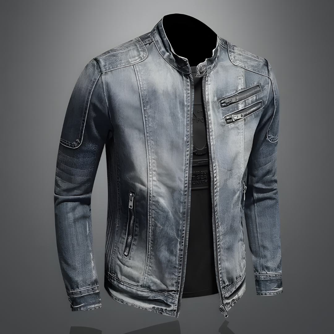 Stijlvolle denim herenjas in detail getoond