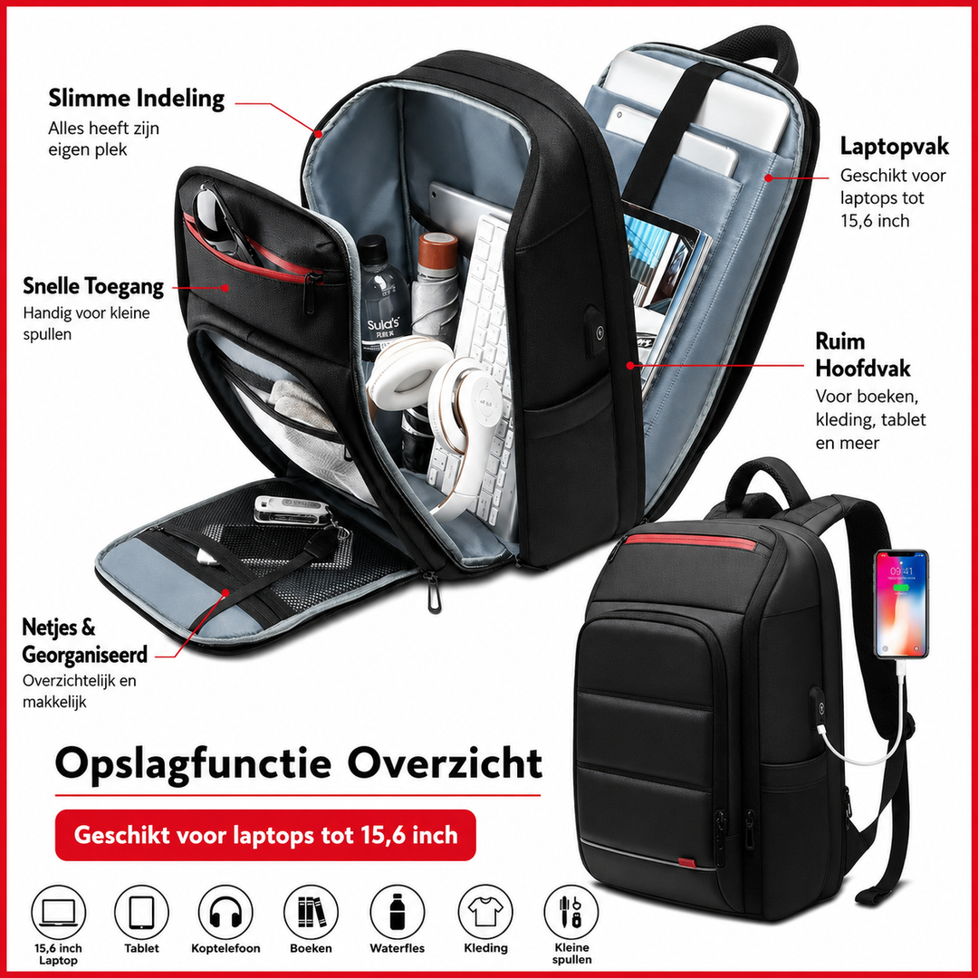 Unisex Anti-Diefstal Laptoprugzak met USB Oplaadpoort