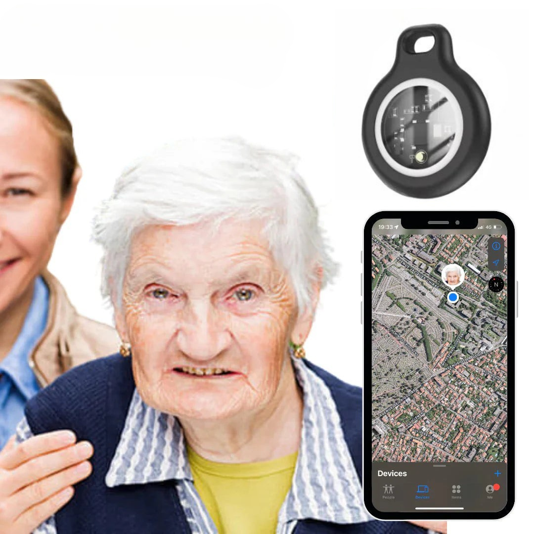 Bluetooth locatiehulp getoond naast een oudere dame en een smartphone met kaartweergave