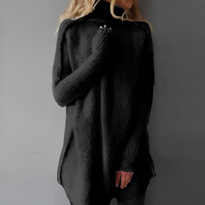 Stijlvolle zwarte coltrui voor dames, lange mouwen en gebreid. Perfect voor herfst en winter.