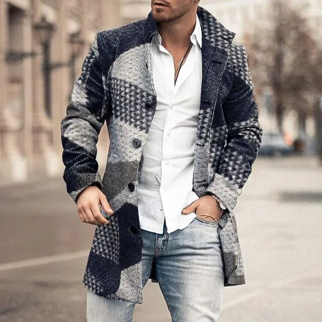 Blauwe casual herenjas met knoopsluiting en slim fit pasvorm