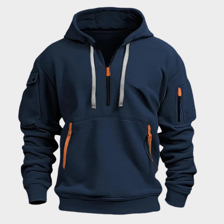 Donkerblauwe heren hoodie met rits en comfortabele pasvorm voor dagelijks gebruik