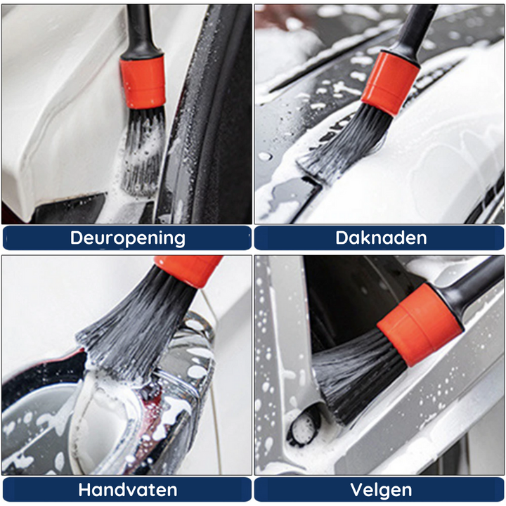 Essentiële autodetailing tools voor exterieur auto onderhoud, waaronder velgen reinigen en autolak bescherming.