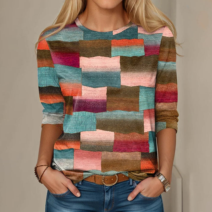 Dames T-shirt met Ronde Hals en Levendige Kleurblokken