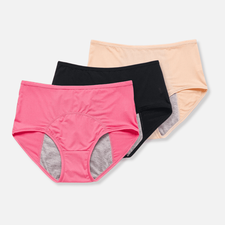Opgevouwen set van 3 lekvrije dames menstruatieonderbroeken, voor comfort, hygiëne en duurzaamheid.