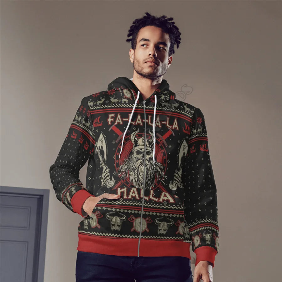 Uniek heren Viking vest met rits en YuleTattoo design. Perfecte kleding voor winter en feestdagen.