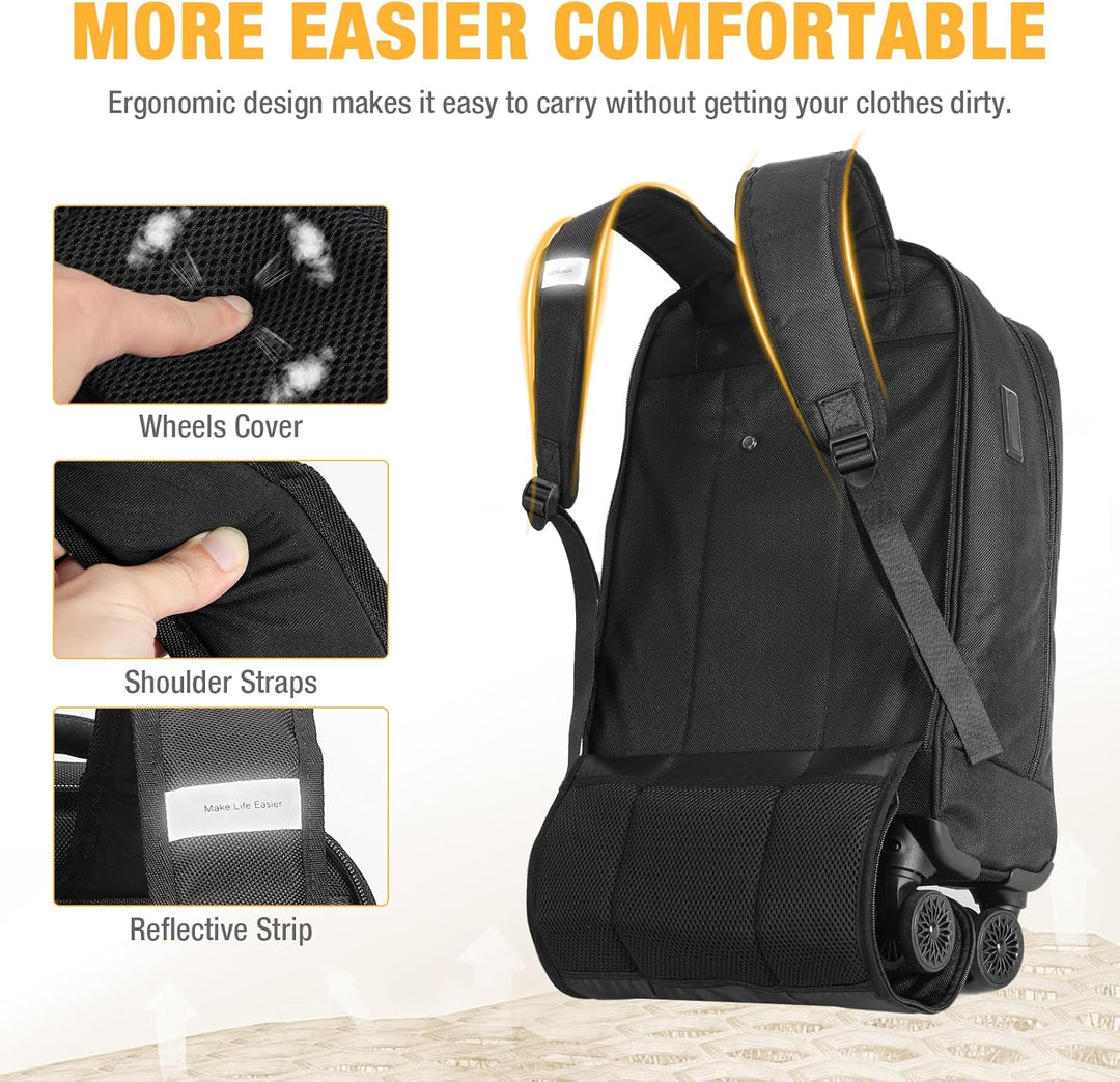 Compacte 30L laptoptrolley/rugzak, waterafstotend met spinnerwielen. Handbagage voor zakelijk reizen.