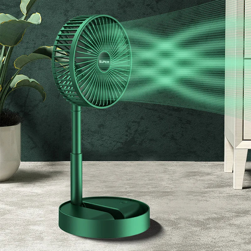 Groene en witte draagbare USB-ventilator, opvouwbaar, krachtige luchtstroom voor zomerse verfrissing.
