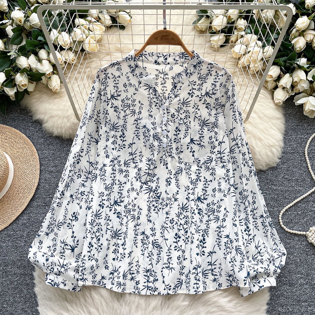 Dames Vintage Blouse met Geometrische Print – Losse Pasvorm & Lange Mouwen