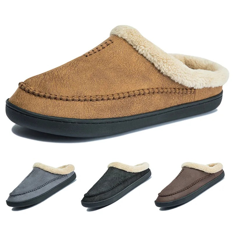 Bruine heren pantoffels, gezellig en zacht; perfect voor ontspanning na een lange dag.