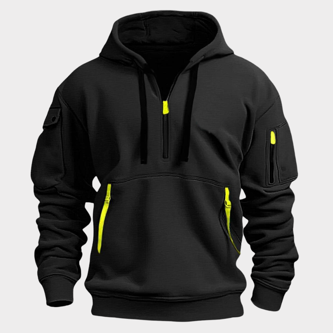 Zwarte heren hoodie met moderne halve rits en comfortabele pasvorm