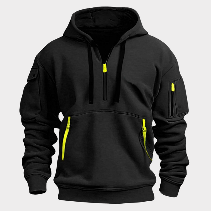 Zwarte heren hoodie met moderne halve rits en comfortabele pasvorm
