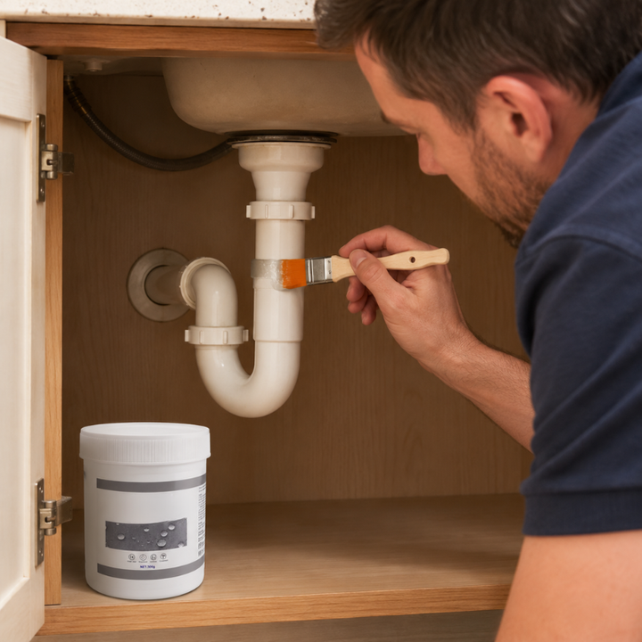 Waterdichte rubbercoating, transparant en schilderbaar, voor universele afdichting van bouwmaterialen.