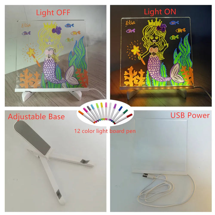 Creatief speelgoed led tekenbord met gekleurde stiften en usb oplaadkabel