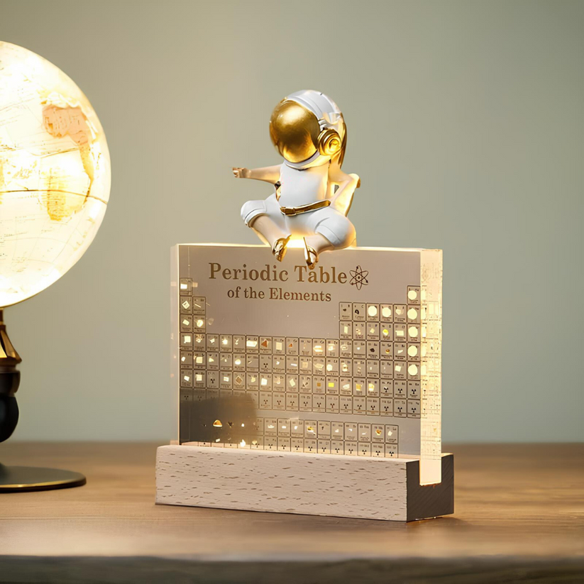 Leerzame 3D Periodieke Tabel met echte elementen en sfeervolle LED verlichting; perfect educatief cadeau.