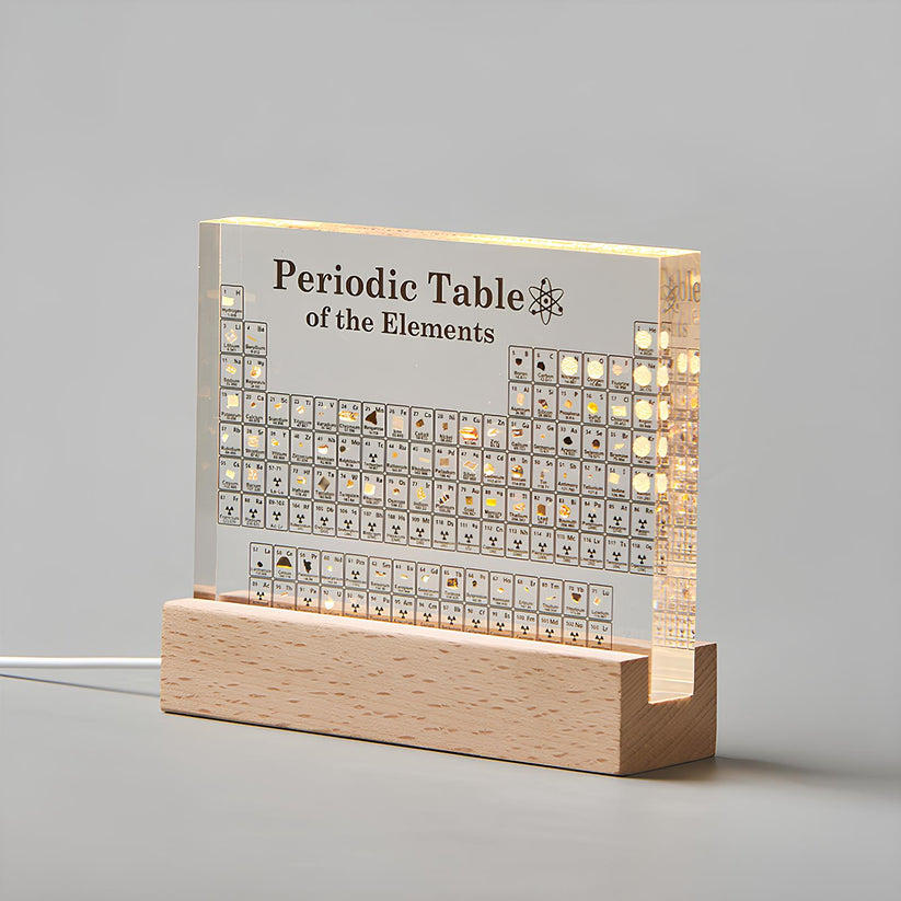 Stijlvolle 3D periodieke tabel decoratie met echte elementen en LED licht, ideaal voor kantoor of thuis.