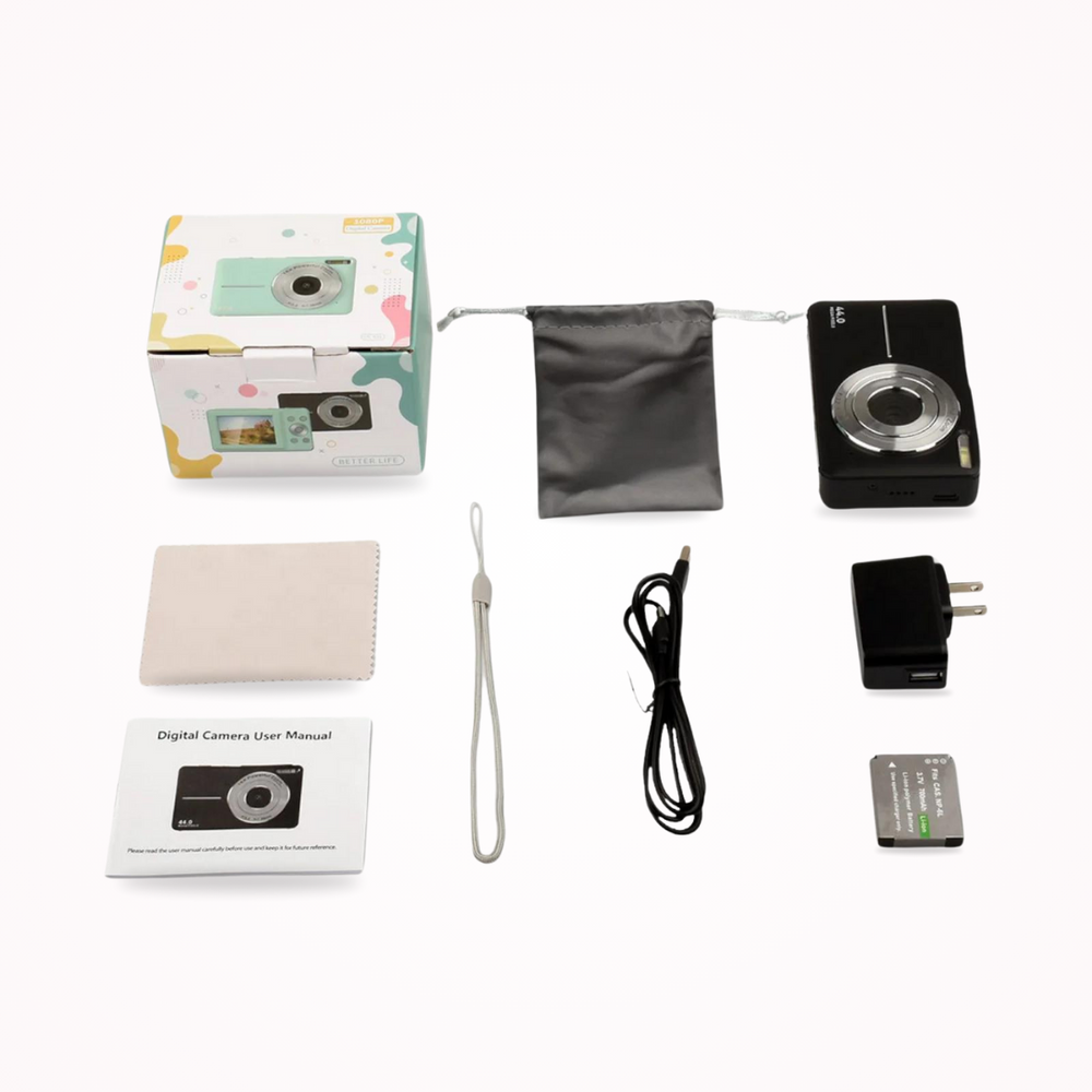 Stijlvolle retro digitale camera, zwart, perfect voor het vastleggen van 1080p video en nostalgische momenten.