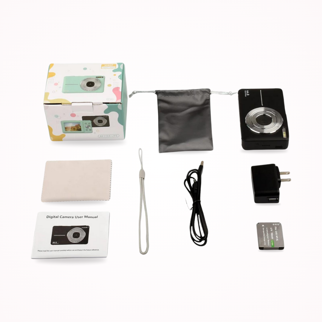 Stijlvolle retro digitale camera, zwart, perfect voor het vastleggen van 1080p video en nostalgische momenten.