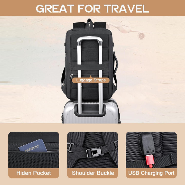Compacte maar ruime handbagage rugzak, uitbreidbaar tot 40L, perfect voor internationale vluchten.