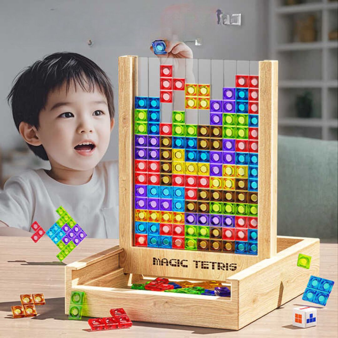 Houten tetris puzzelspel met diverse gekleurde blokken als educatief speelgoed