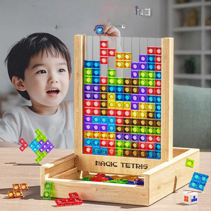 Houten tetris puzzelspel met diverse gekleurde blokken als educatief speelgoed