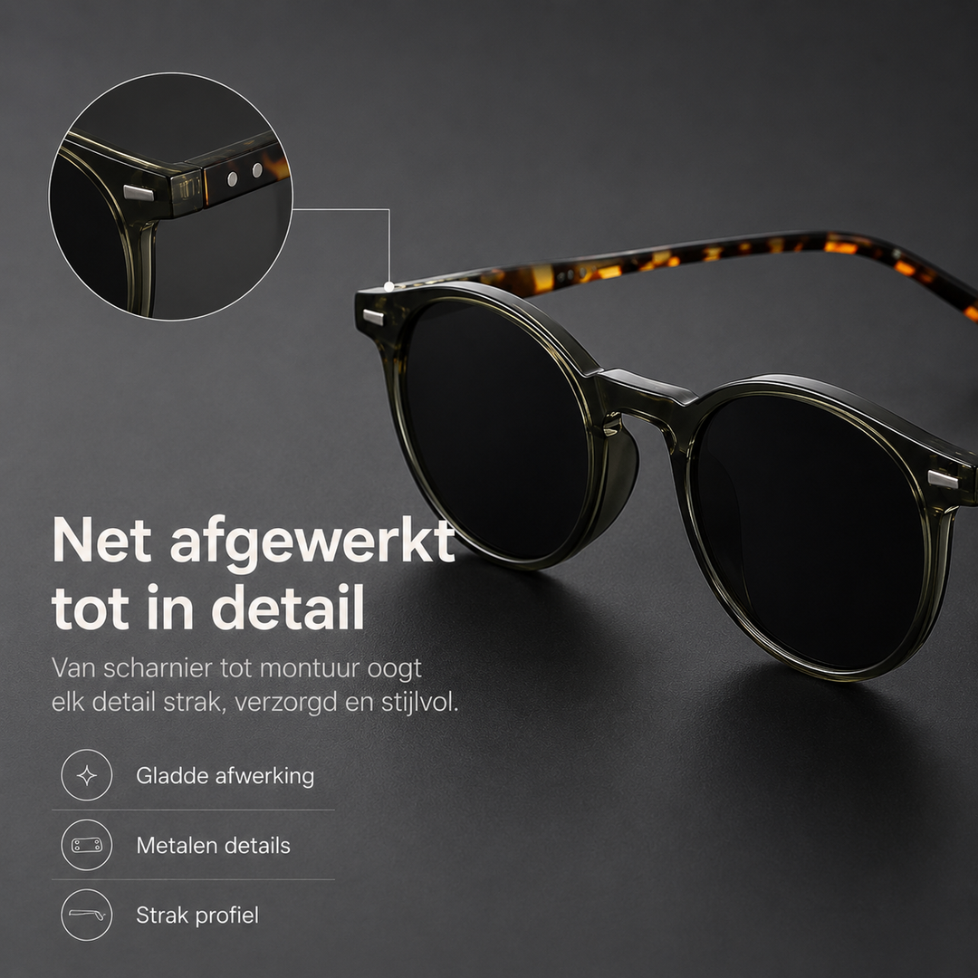 Stijlvolle heren zonnebril met zwart rond montuur, perfect voor een moderne én retro uitstraling.