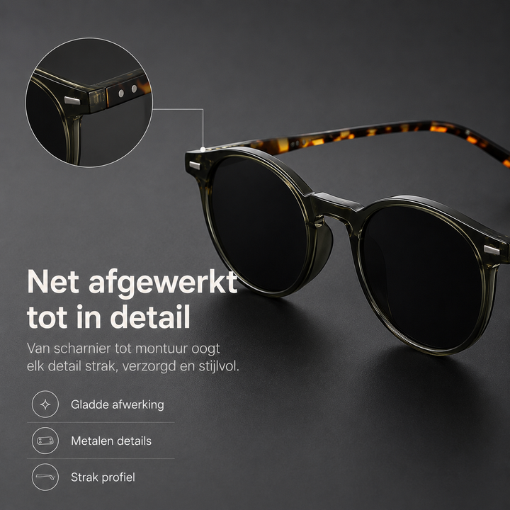 Stijlvolle heren zonnebril met zwart rond montuur, perfect voor een moderne én retro uitstraling.