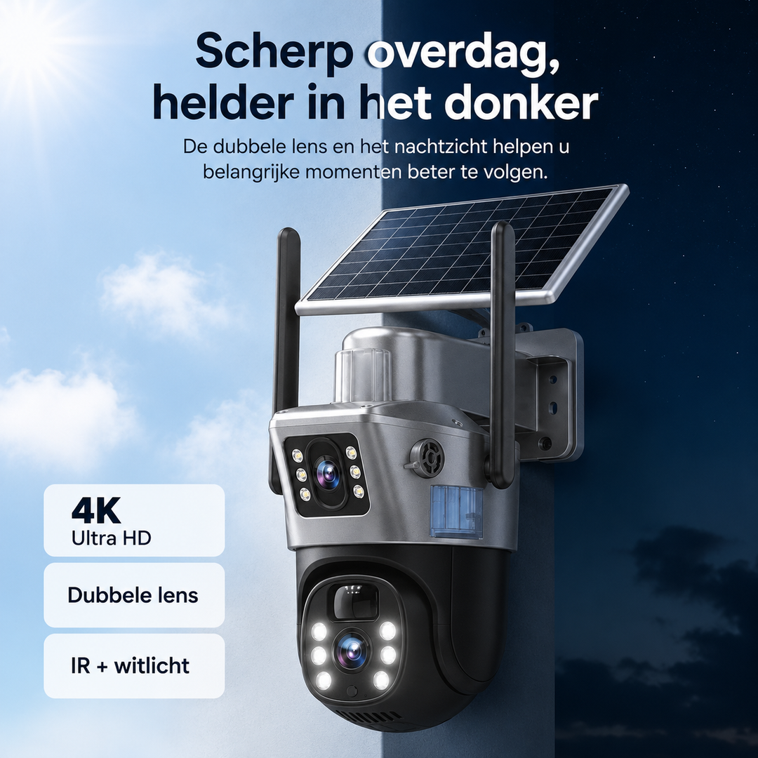 Draadloze 4K beveiligingscamera met zonnepaneel voor buitengebruik en wifi