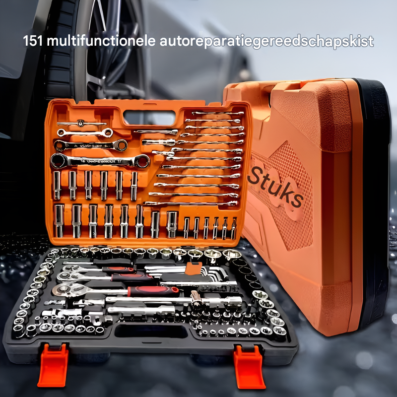 46-delige mechanische gereedschapsset in opbergkoffer voor auto, fiets & doe-het-zelf reparaties & onderhoud.