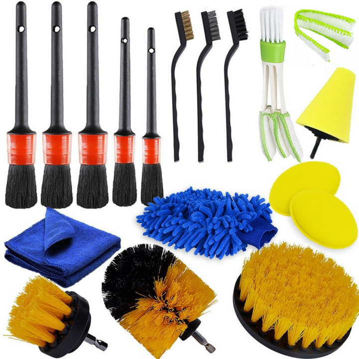 Universele autodetailing set voor complete autoreiniging. Inclusief borstels, doeken voor interieur & exterieur.