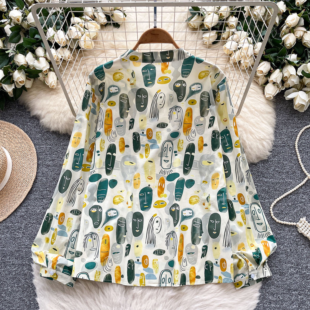 Dames Vintage Blouse met Geometrische Print – Losse Pasvorm & Lange Mouwen