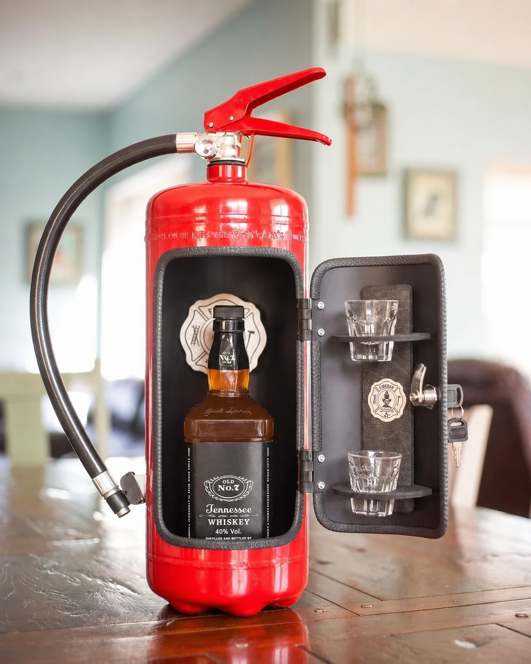 De FireBar verstopte bar; een stijlvol blusapparaat met geheime drankopslag, uniek als mancave accessoire.