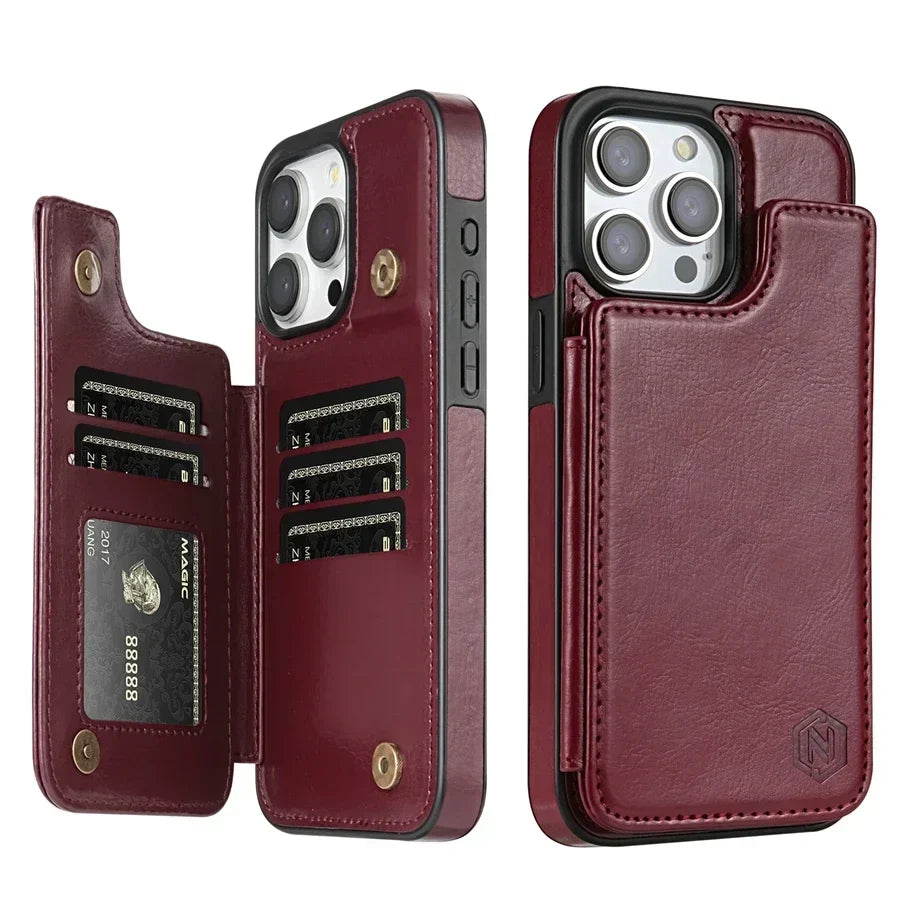 Luxe unisex leren telefoonhoes met pasjeshouder en magnetische sluiting, perfecte iPhone accessoire.