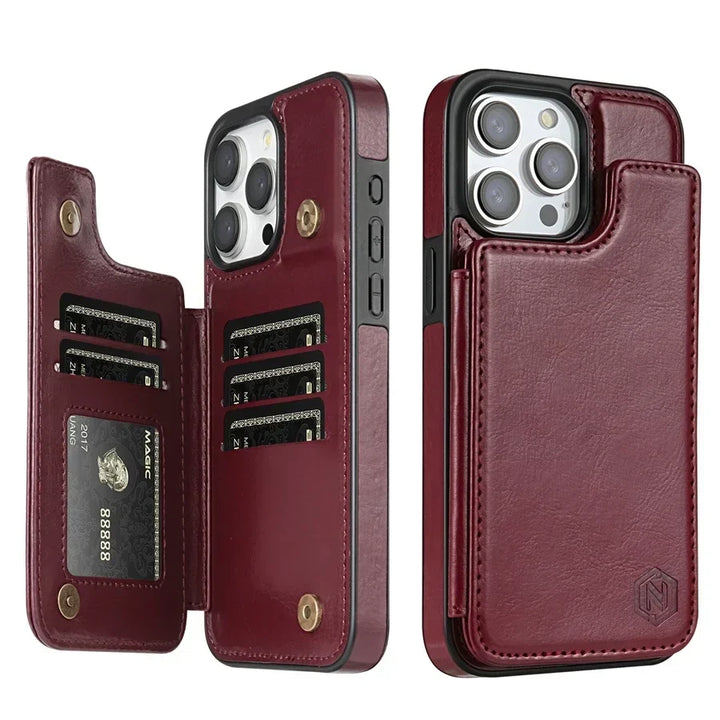 Luxe unisex leren telefoonhoes met pasjeshouder en magnetische sluiting, perfecte iPhone accessoire.