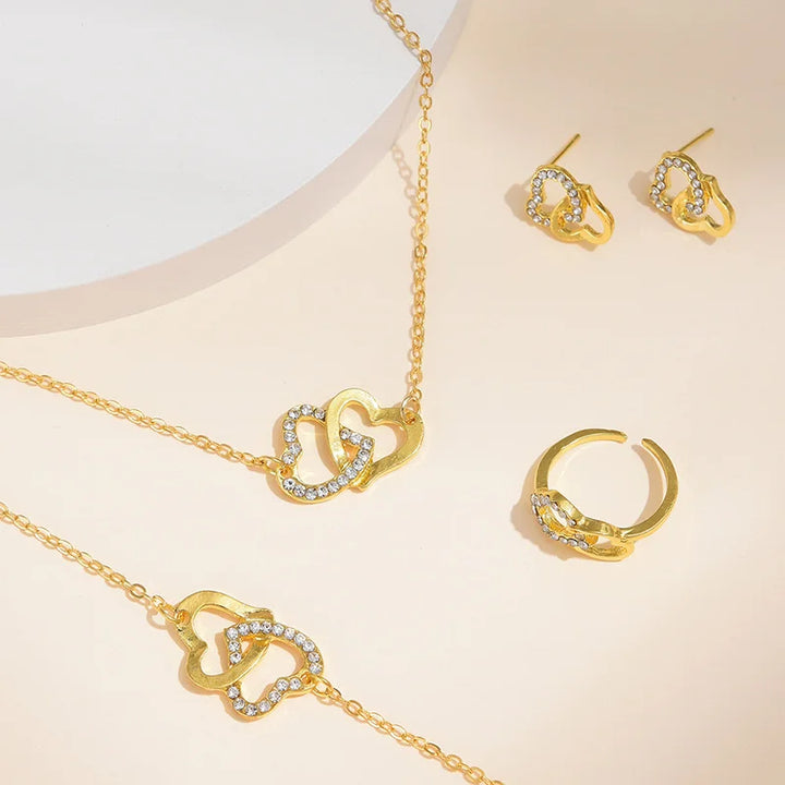 "5-delige romantische sieradenset met glinsterende rhinestones en dubbel hartdesign voor vrouwen, inclusief ketting en oorbel