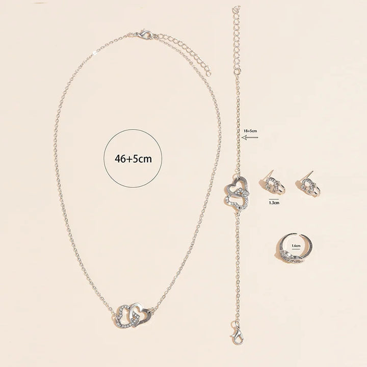 "5-delige romantische sieradenset met glinsterende rhinestones en dubbel hartdesign voor vrouwen, inclusief ketting en oorbel