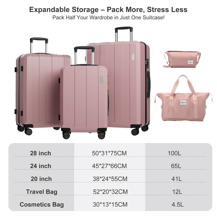 Stijlvolle 5-in-1 hardcase kofferset 'Barcelona Explorer' met modern design, klaar voor uw vakantie avonturen.
