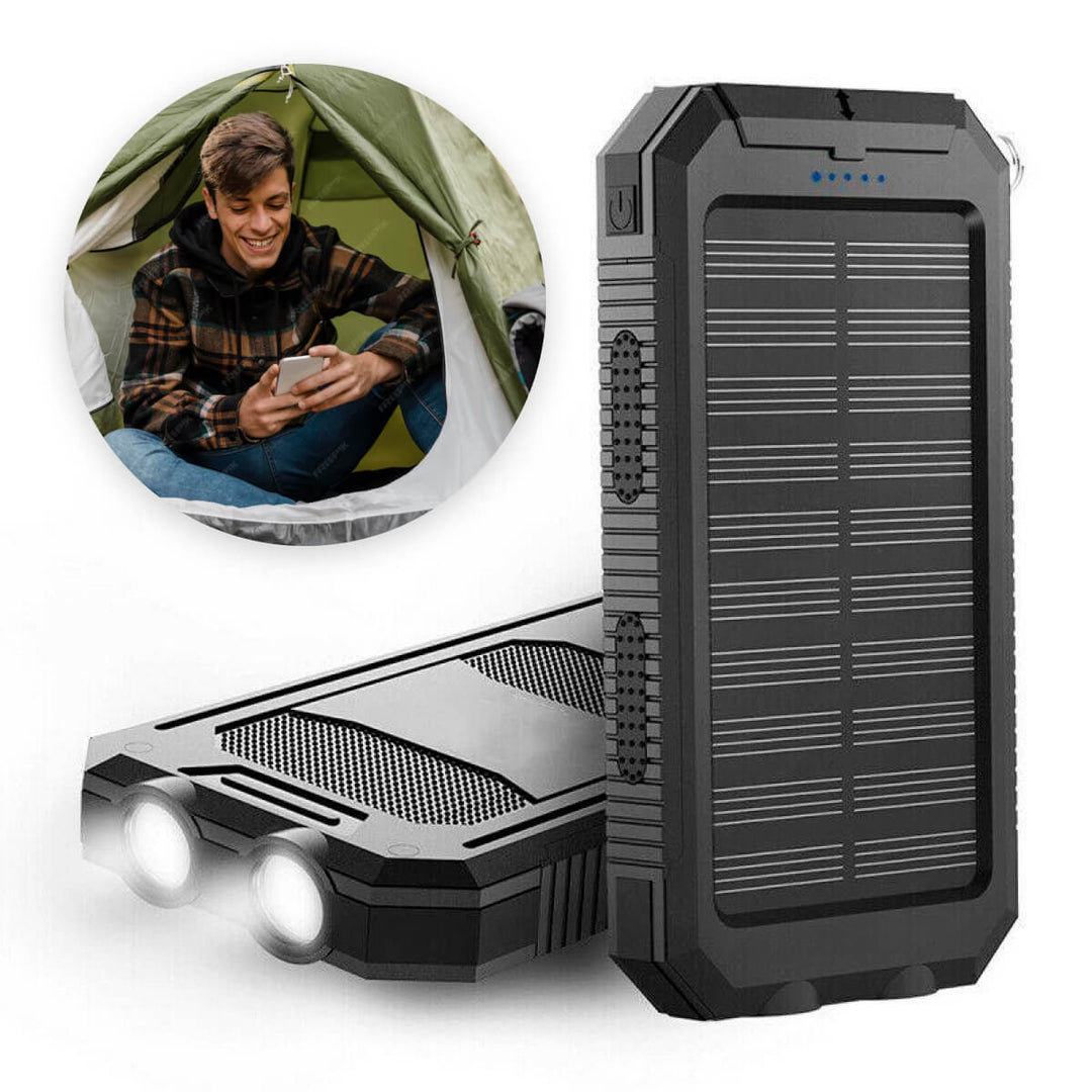 Compacte, draagbare 20000mAh powerbank met zonnepaneel, klaar voor elk buitenavontuur met mobiele apparaten.