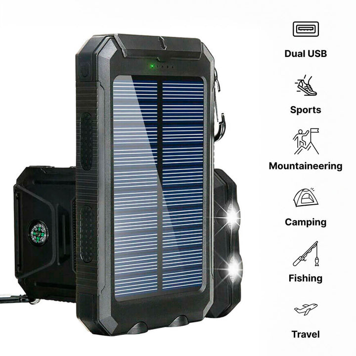 Waterdichte 20000mAh powerbank met ingebouwde zonne-oplader; perfect voor camping, wandelen en reizen.