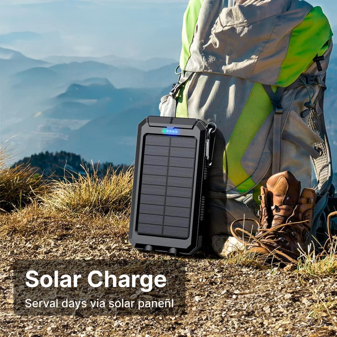 Outdoor powerbank (20000mAh) met zonne-energie, ideaal voor kamperen en reizen. Altijd stroom voor je mobiel.