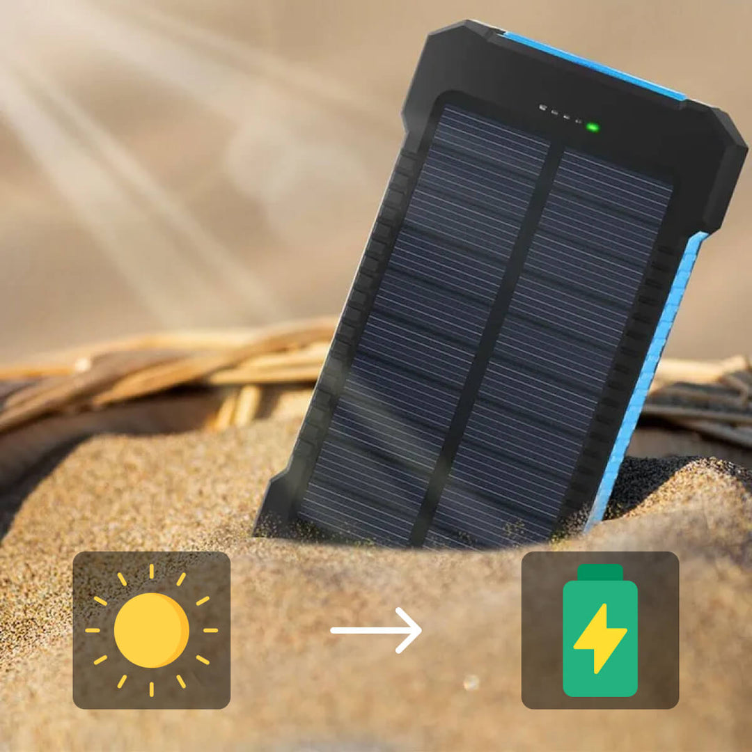 Close-up van de waterdichte 20000mAh powerbank met zonne-oplader en diverse USB-uitgangen.