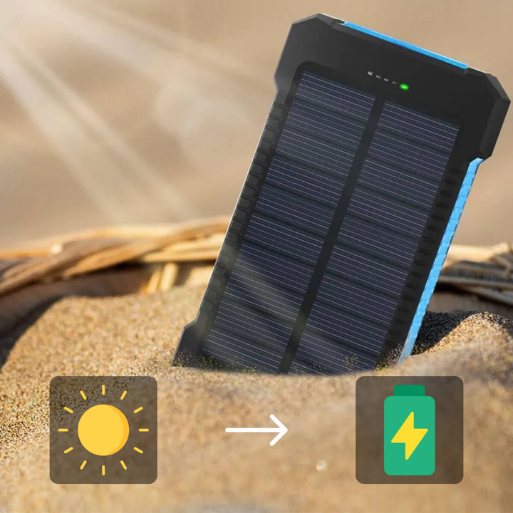 Close-up van de waterdichte 20000mAh powerbank met zonne-oplader en diverse USB-uitgangen.