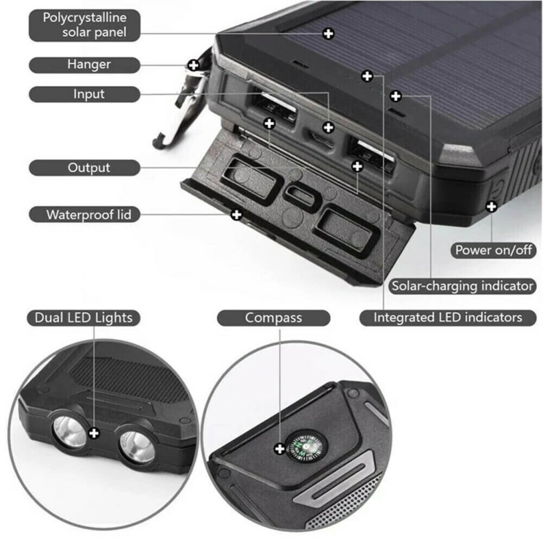 Zwarte 20000mAh powerbank met prominent groen zonnepaneel; waterdicht design voor duurzaam gebruik buiten.