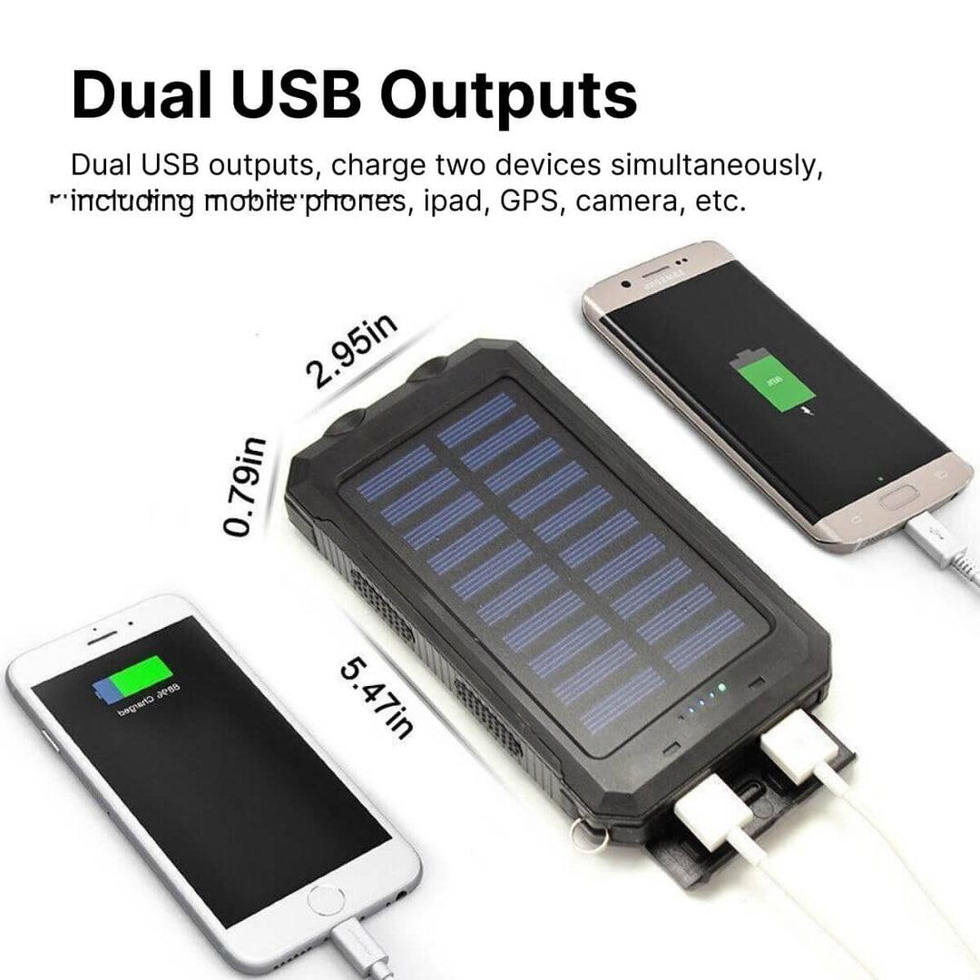 Draagbare zonne-energie powerbank (20000mAh) voor outdoor avonturen, waterdicht en robuust ontwerp.